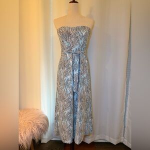 H&M Strapless Jumpsuit with Blue and Black Leaf Design